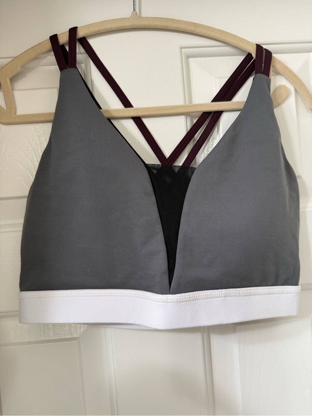 Mono B Gray Sports Bralette with Burgundy Strappy Back and White Band -Large